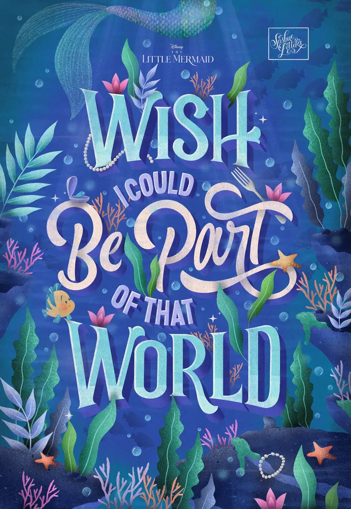 Underwater scene with colorful plants and text from The Little Mermaid.