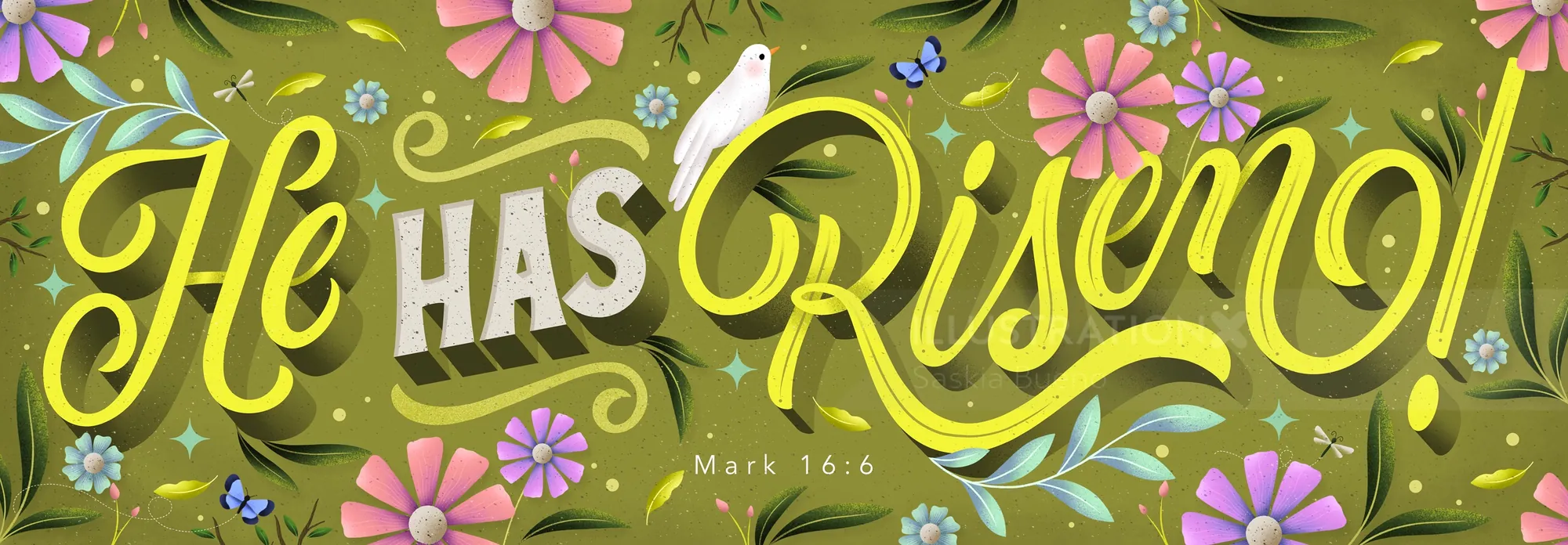 He Has Risen floral design with yellow script text and colorful flowers