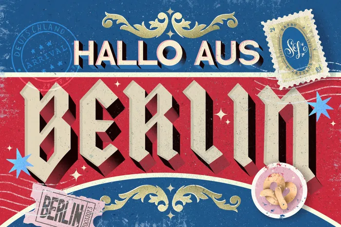 Vintage Berlin greeting poster with ornate lettering and postage stamps.