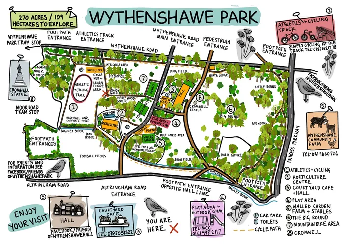 Illustrated map of Wythenshawe Park with entrances and amenities by Scratchy Hen Design
