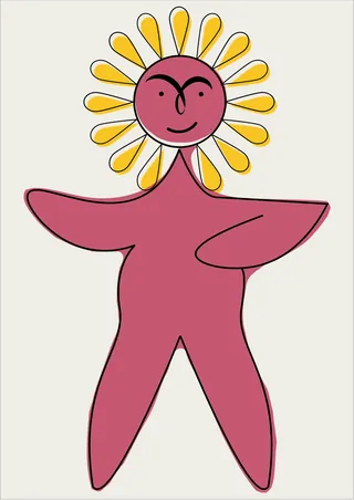 Abstract humanoid figure with sunflower head smiling by Scratchy Hen Design