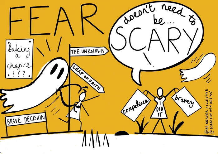 Illustration of fear, bravery, and leap of faith by Scratchy Hen Design