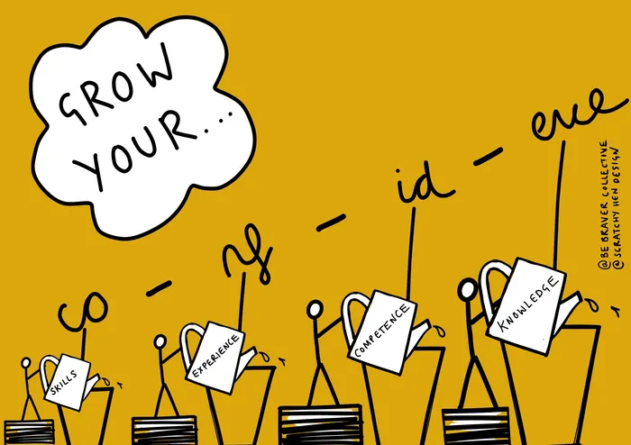 Illustration of growing books labeled ideas, enterprise, confidence by Scratchy Hen Design