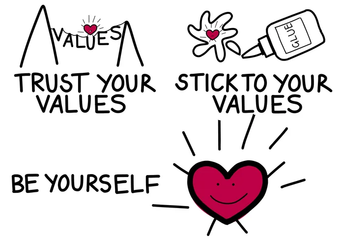 Hand-drawn heart and text about trusting and sticking to your values by Scratchy Hen Design