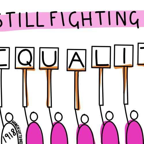 Cartoon figures holding signs spelling EQUALITY, illustration by Scratchy Hen Design