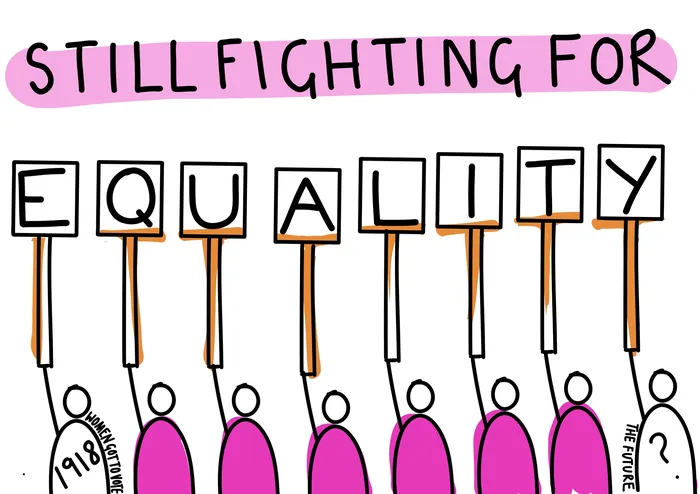 Cartoon figures holding signs spelling EQUALITY, illustration by Scratchy Hen Design