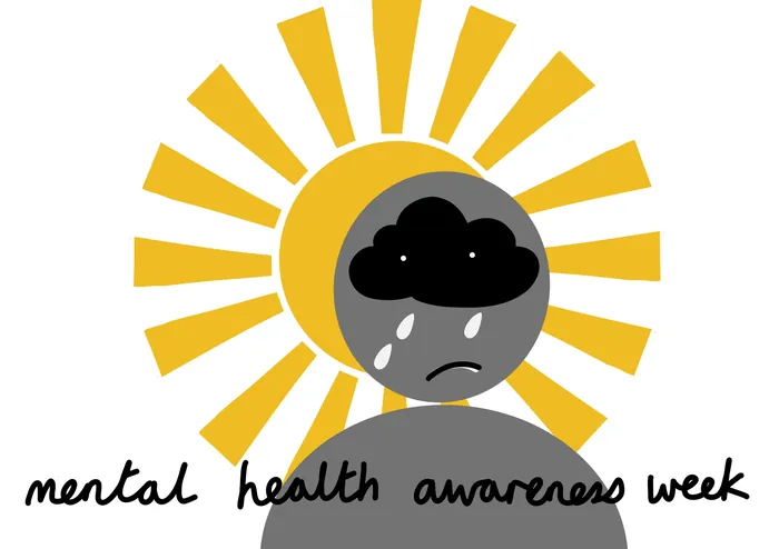 Sad figure with cloud raining on head and sun rays, mental health theme by Scratchy Hen Design