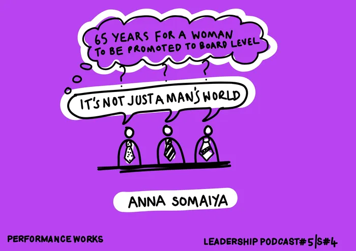 Cartoon shows three men with one woman saying it takes 65 years to reach board level by Scratchy Hen