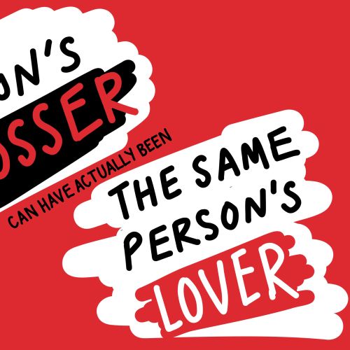 Text quote about one person's tosser and lover on red background.