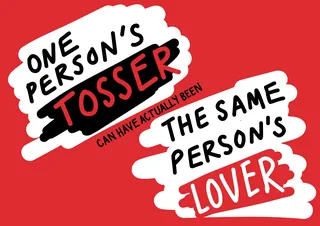 Text quote about one person's tosser and lover on red background.