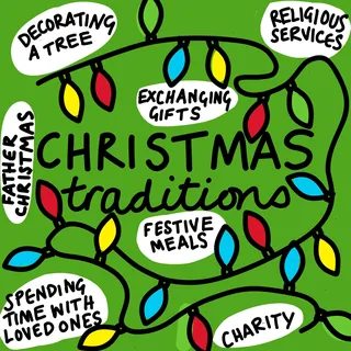 Christmas traditions with colorful holiday lights and handwritten labels.