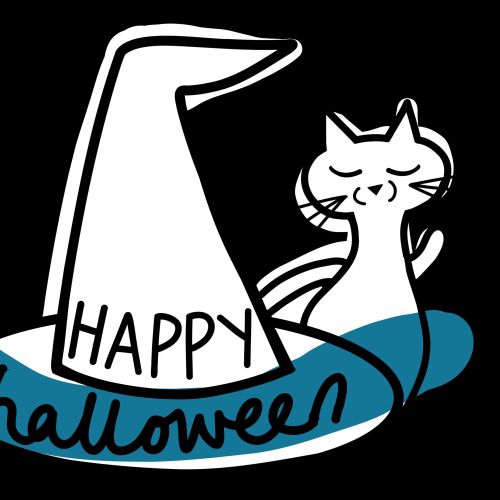Cartoon cat with witch hat saying Happy Halloween
