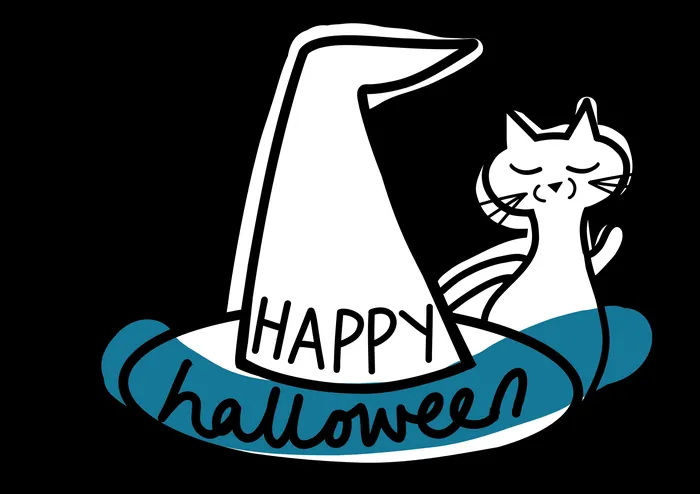 Cartoon cat with witch hat saying Happy Halloween