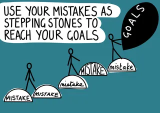Person climbing stones labeled mistake toward a balloon labeled goals