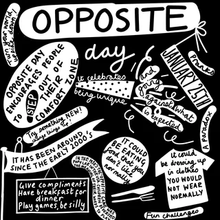 Hand-drawn Opposite Day illustration with playful text and doodles.