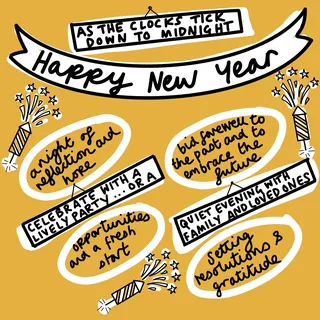 Illustration with Happy New Year text and celebratory messages