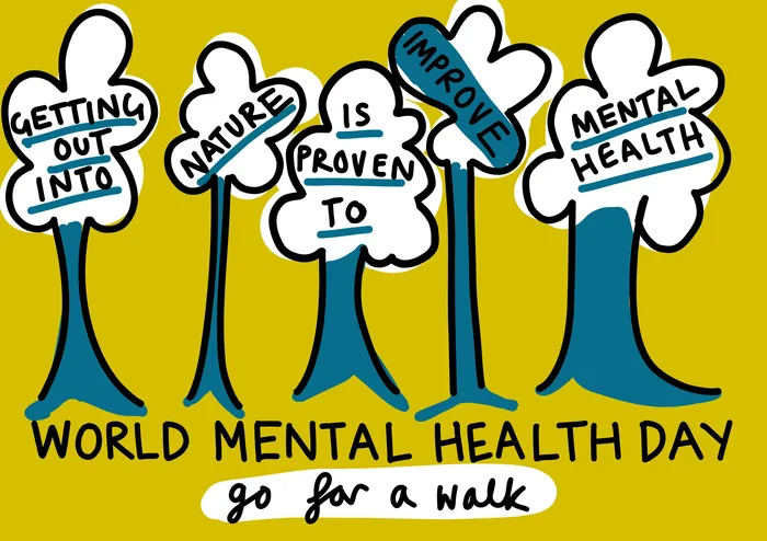 Trees with mental health messages encouraging walking in nature.