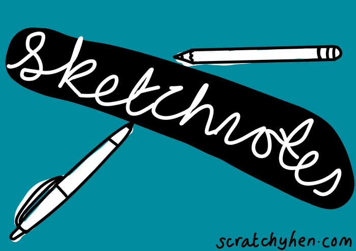 Pen and pencil around handwritten word sketchnotes on blue background