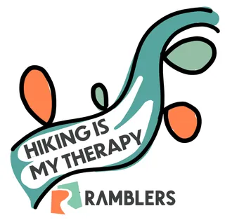 Hiking is my therapy text with colorful leaf design and Ramblers logo