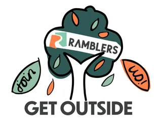 Ramblers logo with tree and text encouraging to join and get outside.
