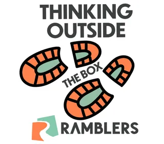 Logo with text 'Thinking Outside the Box' and three orange footprints