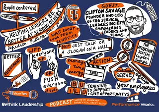 Colorful illustrated notes from a podcast on leadership with Clifton Savage