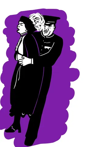Policeman handcuffing woman against purple background