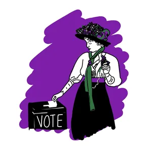 Woman in vintage clothing casting vote into ballot box