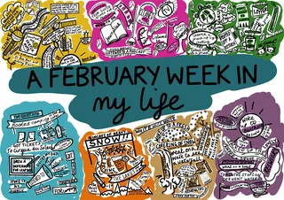 Colorful doodle map showing a week in February with notes and drawings