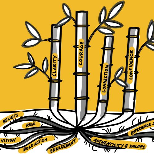 Bamboo stalks labeled clarity, courage, connection, confidence growing from roots of positive traits