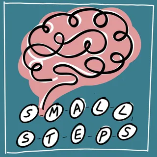 Brain illustration with winding paths and the words Small Steps below.