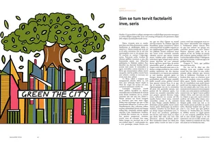 Illustration of city buildings with a large green tree and Green the City banner