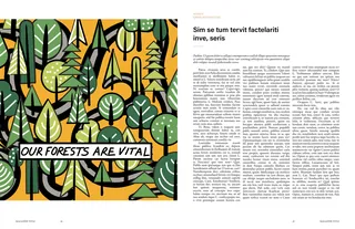 Stylized green forest illustration with message about the importance of forests.