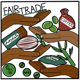 Hands holding fair trade items including coffee, chocolate, and sugar packages
