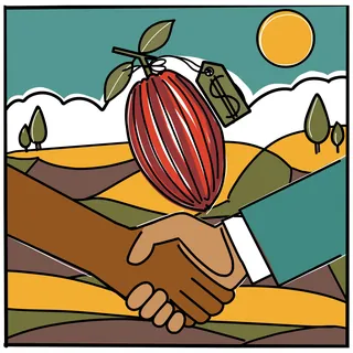 Handshake over cacao pod with price tag against rural landscape and sun