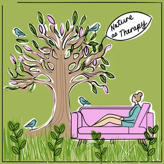 Person lounging on pink couch under tree with speech bubble saying Nature as Therapy