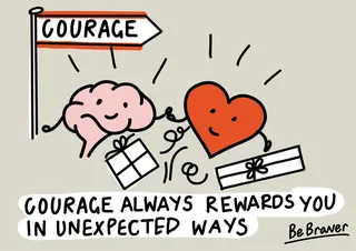 Cartoon brain and heart holding a gift under a sign reading courage
