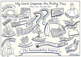 Hand-drawn infographic about companies planting trees for sustainability and environmental impact.