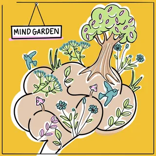 Brain with flowers and birds blooming symbolizing mind garden and growth