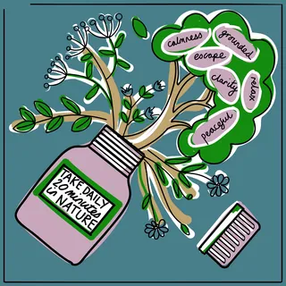 Jar with blooming tree and leaves symbolizing calmness and nature benefits