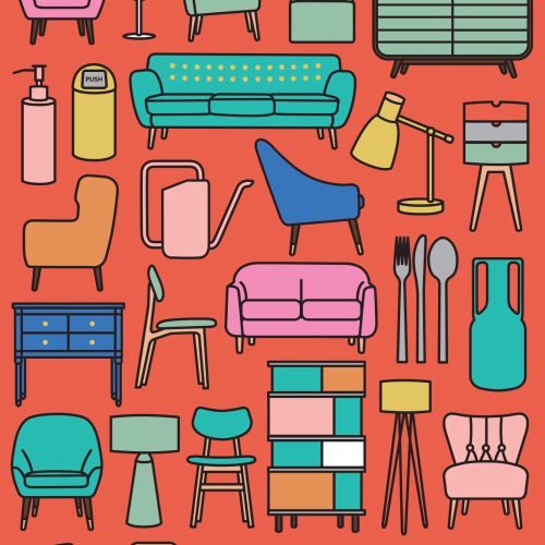 A poster with a modern pattern of household items