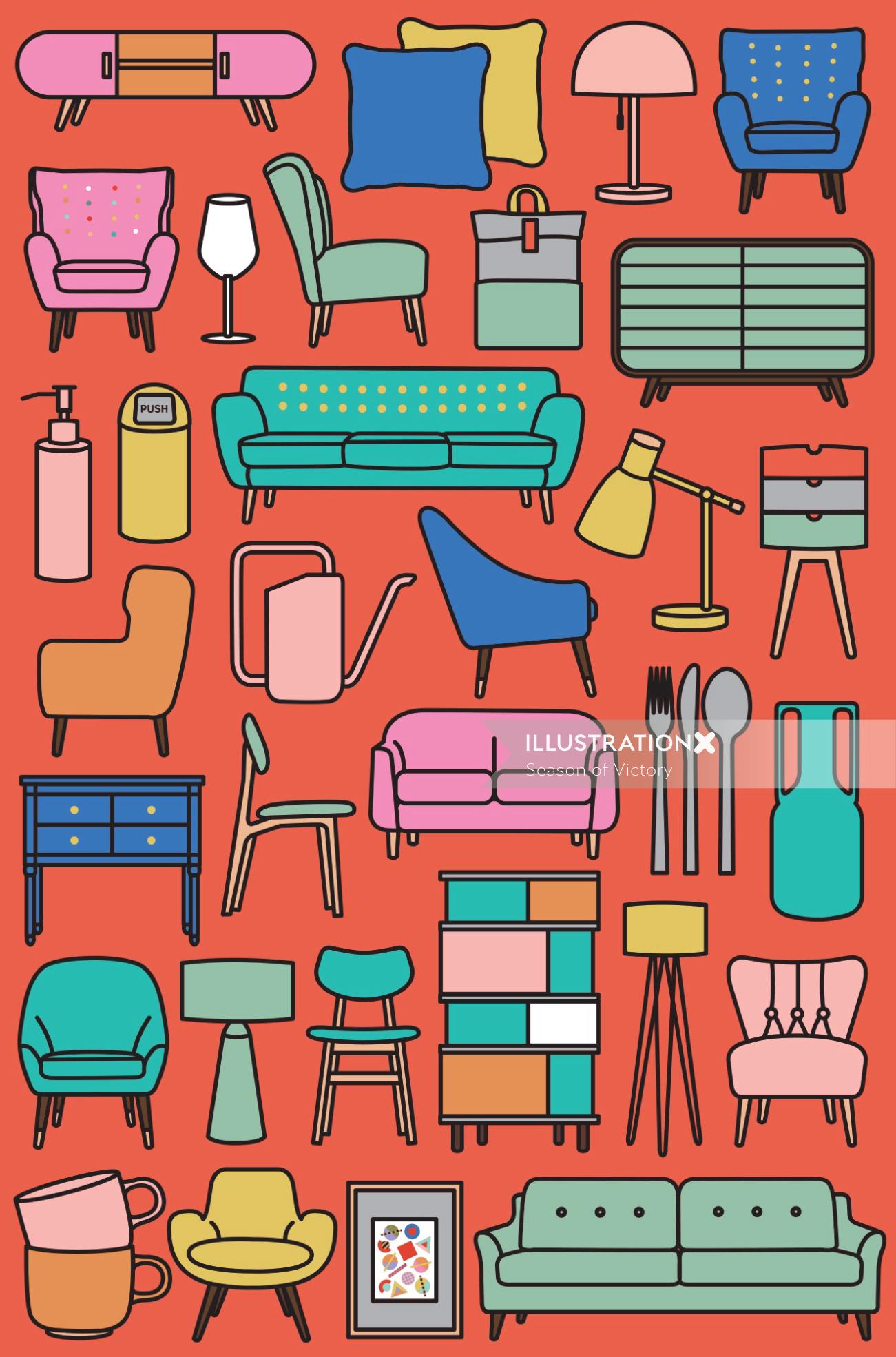 A poster with a modern pattern of household items