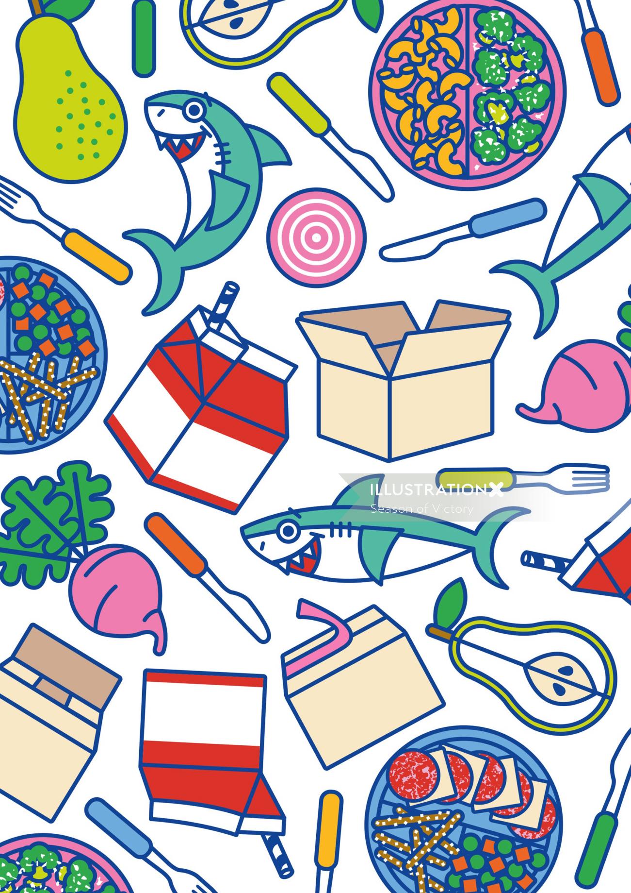 Illustration icons and patterns for a Kids food brand
