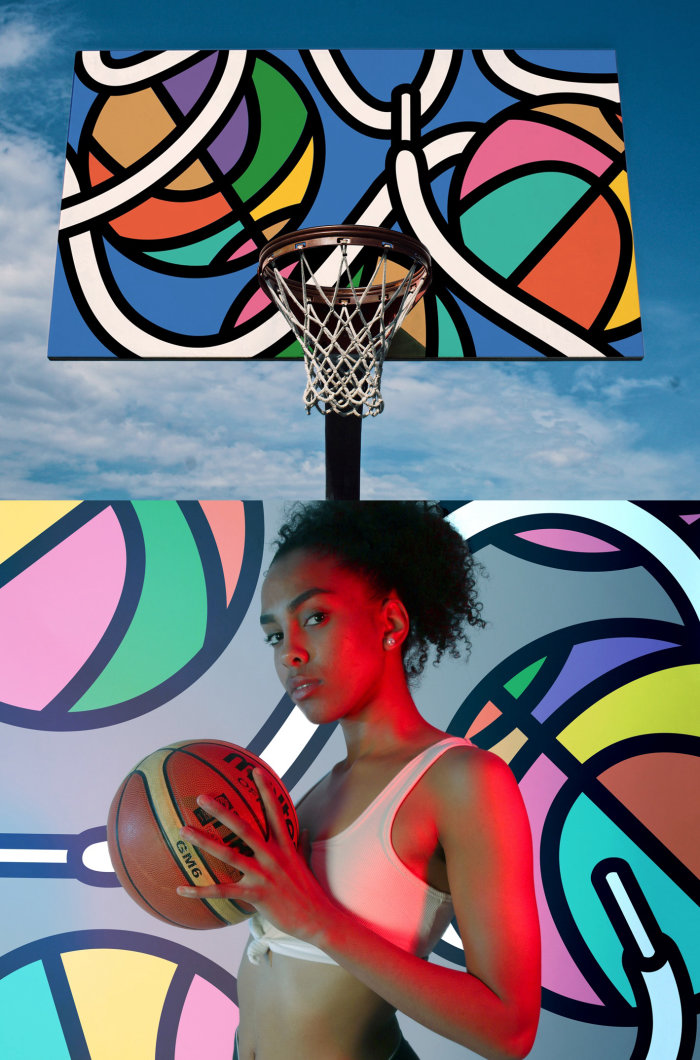 Ilustração mural da quadra de basquete