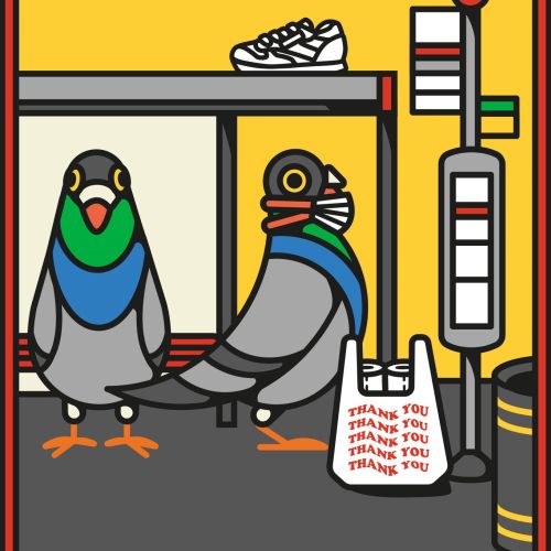 Pigeons in London waiting for a bus in a piece of concept art