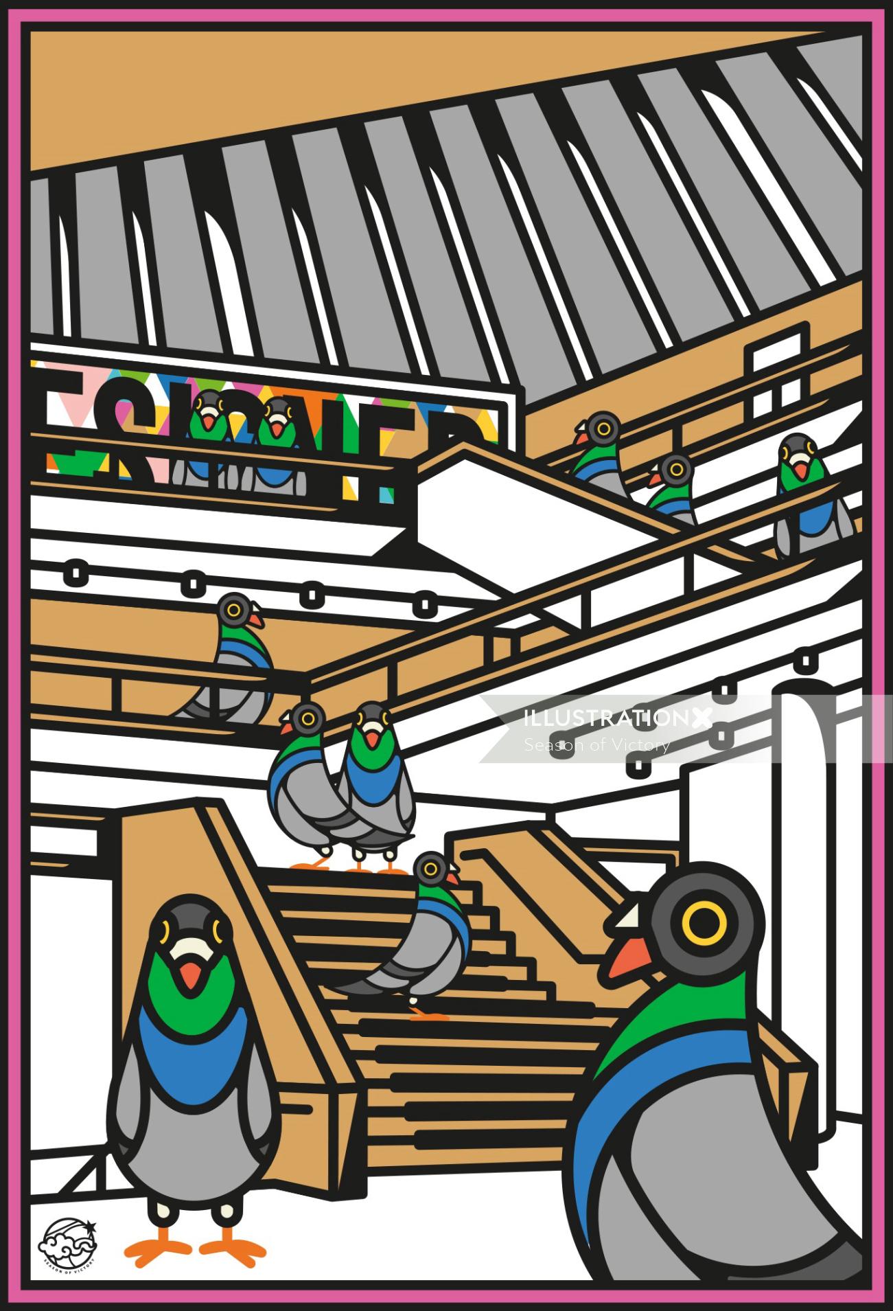 This picture shows pigeons from London taking over the Design Museum