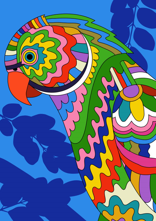 bird, Ringneck Parakeet, Psychedelic, tropical, birds, summer, aapi, asian american illustrator