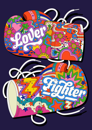 サイケデリックアートスタイルのLover + Fighterボクシンググローブ
