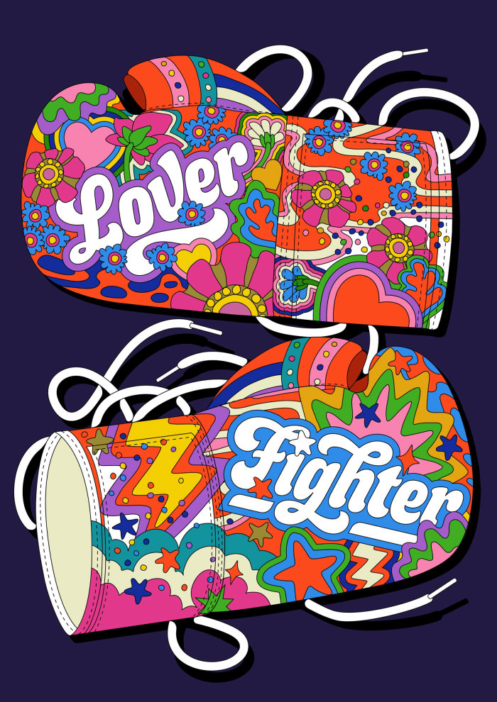 Luvas de boxe Lover + Fighter em estilo de arte psicodélica