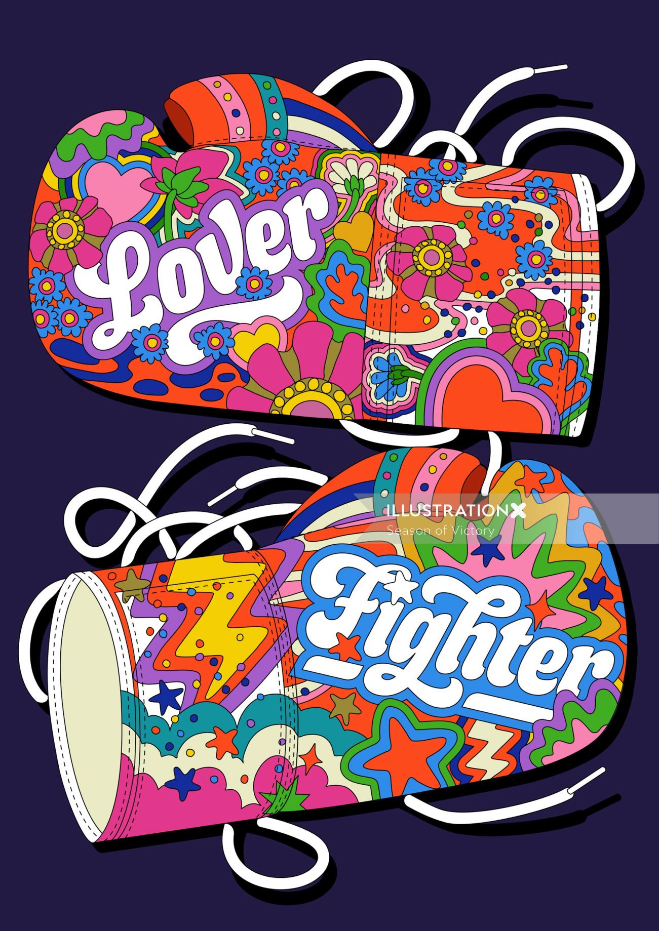 Lover + Fighter boxing gloves in  psychedelic art style